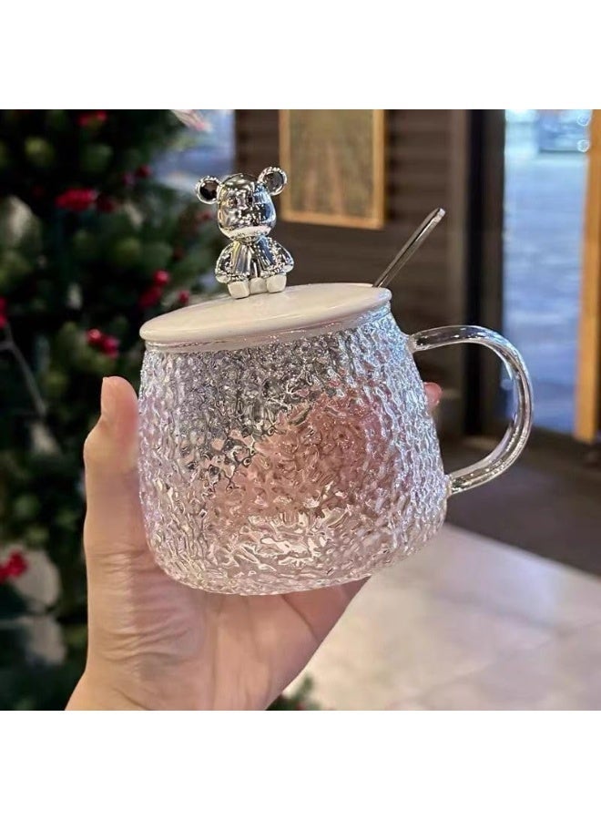 2-in-1 glass drinking cup and sugar bowl with a bear-shaped lid; a crystal-patterned glass cup with a spoon and plastic lid; suitable for tea and hot beverages. - Image 1